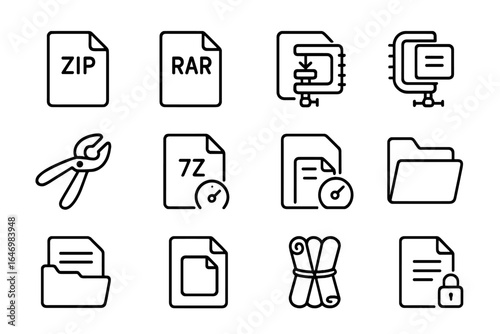 Archive Icons Collection. Line style icons of archive and compression: zip file icon, rar file icon, compress file icon,