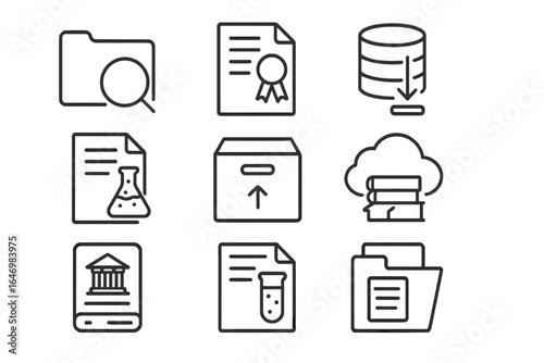 Academic Storage Icons. Line style icons of academic and research storage: research folder icon, thesis file icon, data repository