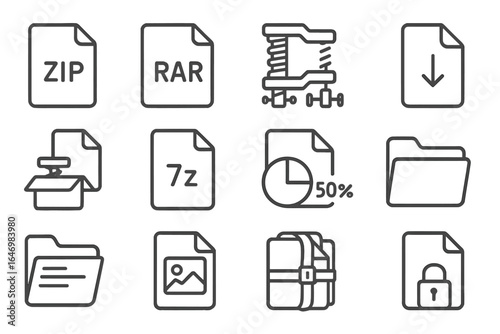 Archive Icons Collection. Line style icons of archive and compression: zip file icon, rar file icon, compress file icon,