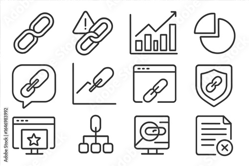 Link Analysis Icons. Line style icons of link analysis: link profile icon, toxic link warning, trust flow chart, citation flow,