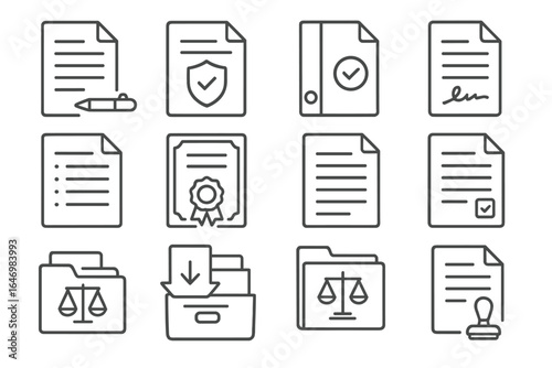 Legal Document Icons. Line style icons of legal document storage: contract file icon, policy document icon, compliance archive,