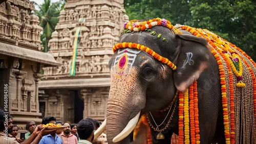 Decorated Elephant During Religious Festival With Stone Temple Background in India With Yellow and Orange Flowers With Divine Atmosphere