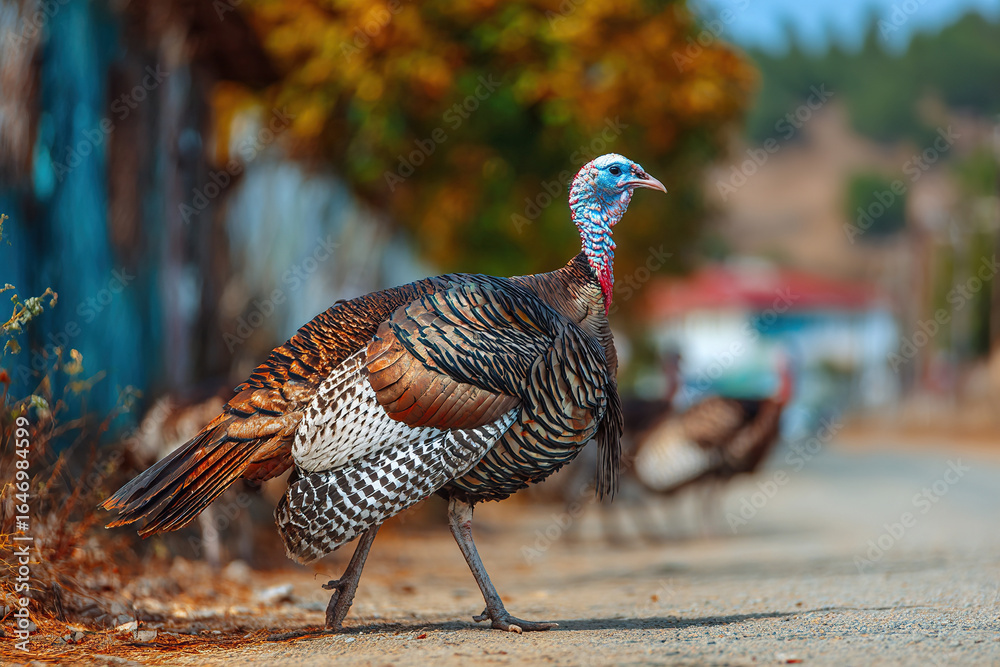 Obraz premium A turkey walks along a country road near private houses.
