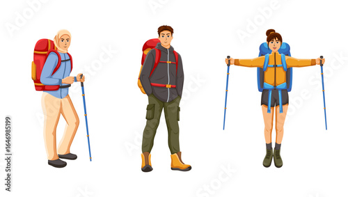 Illustration of Hikers with Backpacks and Trekking Poles