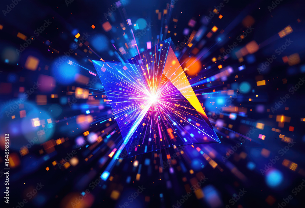 Fototapeta premium Bright Geometric Prism with Colorful Glowing Particle Rays