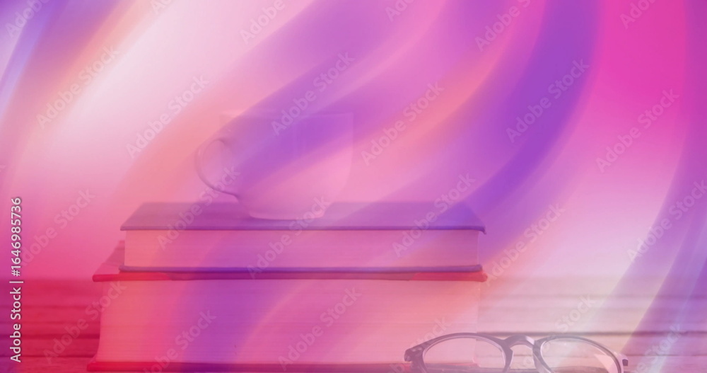 Fototapeta premium Resting two books holding white mug on wooden table, black framed eyeglasses and pastel light