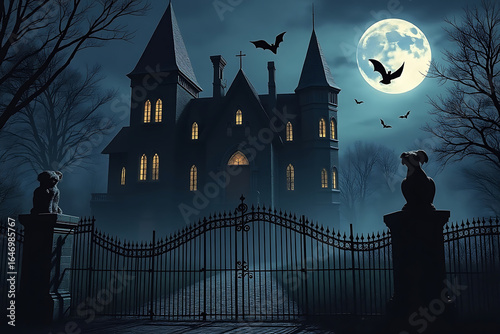Eerie Estate Under Moonlight A Gothic Mansion with Bats and Dog Statues on a Foggy Night Halloween Atmosphere