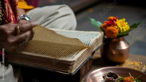 Hands Reading Ancient Religious Book during Traditional Ceremony with Floral Offerings Copper Pot and Traditional Clothing Indoors