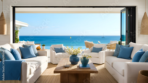 Cozy living room with white sofa and chairs, ocean views from large windows in Palm Beach, Florida, coastal style, luxury design, and blue accents.