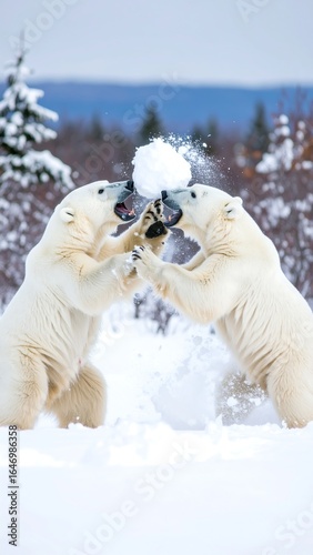 Two polar bears playfully tussle over a snowball in a snowy landscape (1)