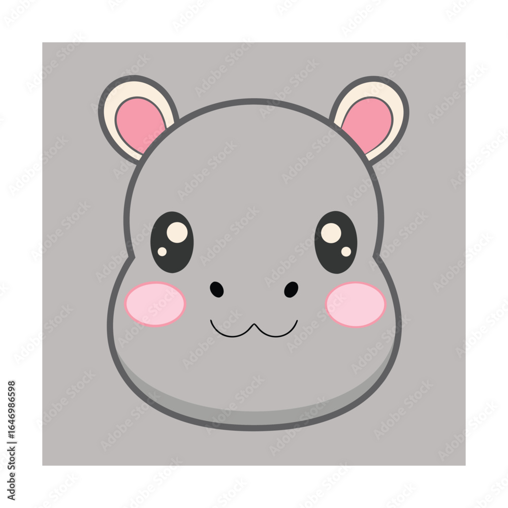 Fototapeta premium Cute cartoon hippopotamus face with big eyes and pink cheeks