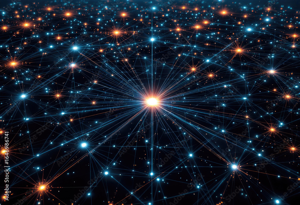 Obraz premium Abstract Network of Blue and Orange Connected Glowing Points on Transparent Background