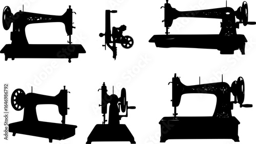 silhouettes of vintage sewing machines, black on white background