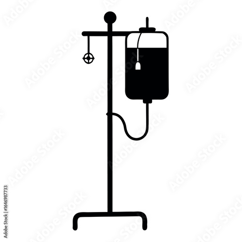 Photo of black silhouette of an iv drip bag hanging from a medical stand, isolated on white background