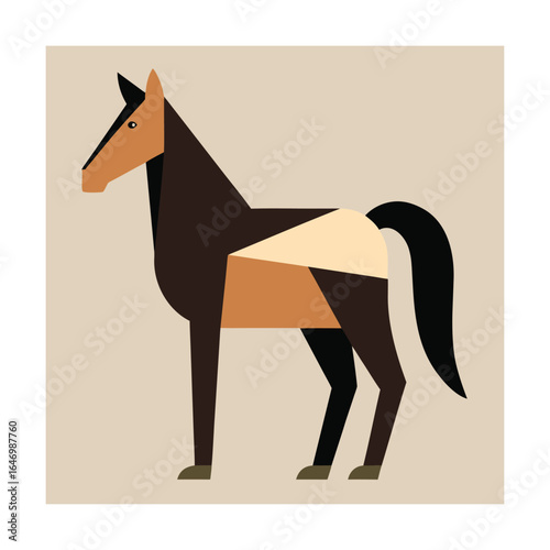 Geometric brown and tan horse standing on a light brown background