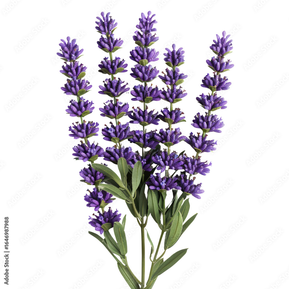 Obraz premium A bunch of vibrant purple lavender flowers with green leaves, isolated on a transparent background. background removed