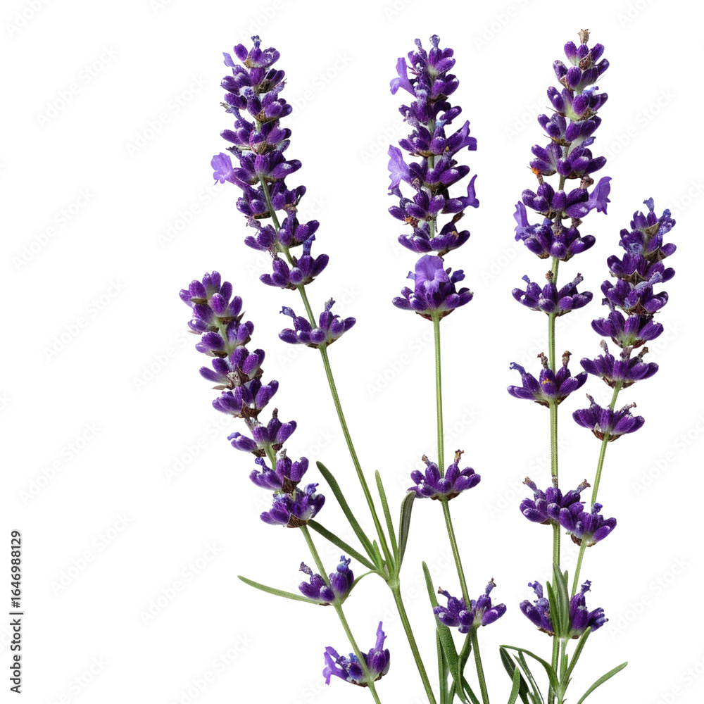 Obraz premium A close-up shot of several lavender sprigs, showcasing their vibrant purple flowers and delicate green stems. background removed