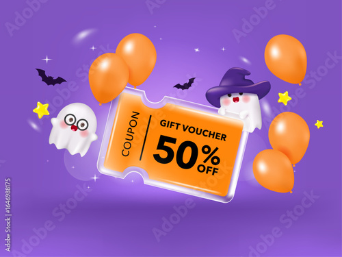3D Happy Halloween gift voucher coupon banner. Spooky decoration party, scary greeting card, promotion sale website, social media post. Trick or treat