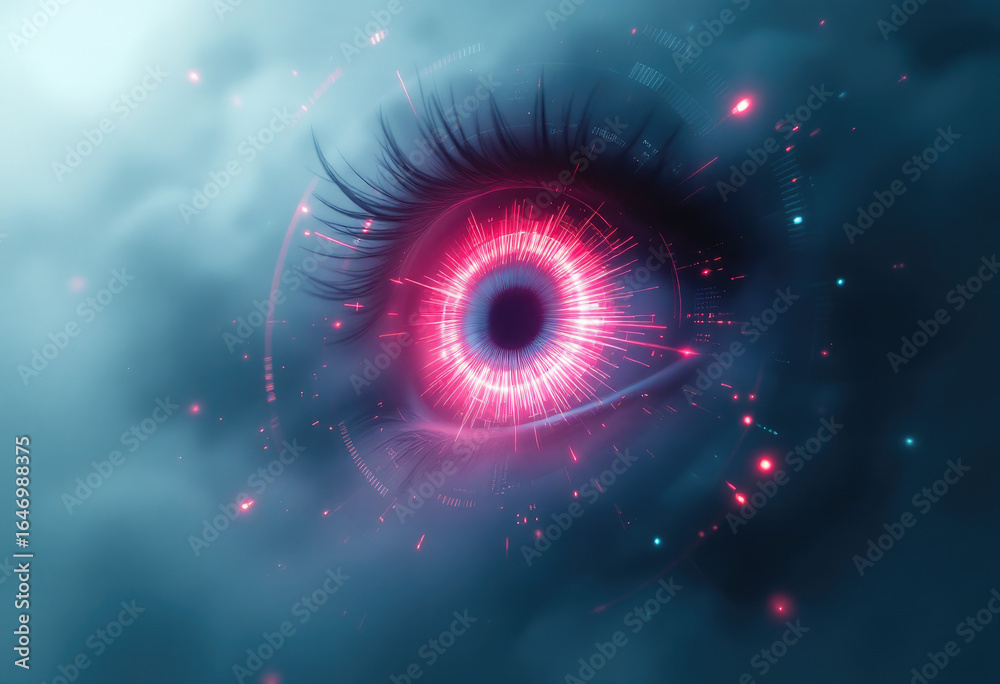 Fototapeta premium Surreal Eye with Glowing Red Light and Eyelashes in Futuristic Setting