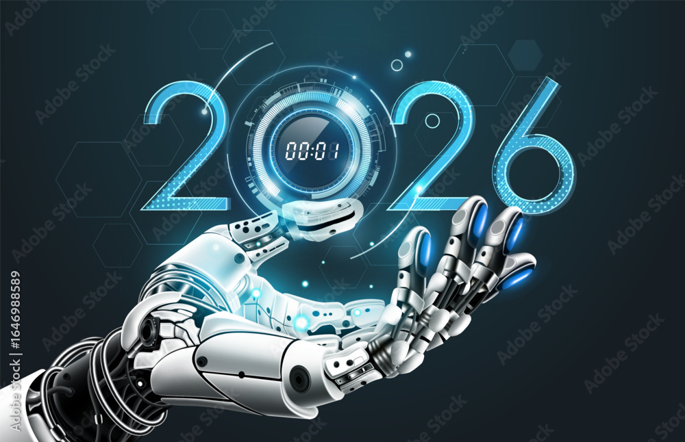 Fototapeta premium Happy New Year 2026 AI technology trends concept. Artificial Intelligence robot hand holding 2026 Number New Year technology, Can adjust digital number, vector illustration 