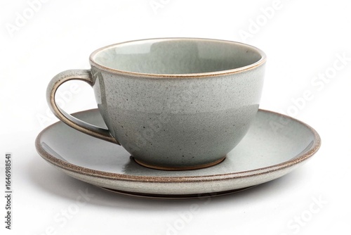 Grey ceramic and saucer on a white background