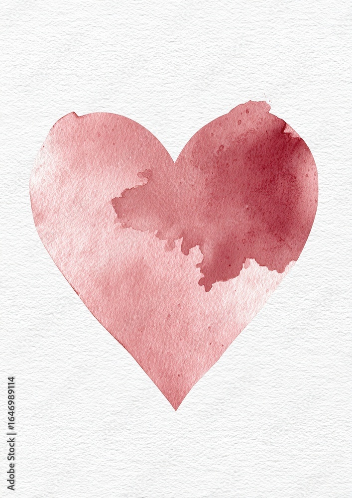 Fototapeta premium Minimalist Valentine's Day heart pattern with soft gray-pink watercolor stain effect isolated on pure white background, elegant and romantic wedding invitation, card or love letter template design.