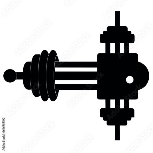 Photo of black silhouette of a complex mechanical device with a bellows and multiple stacked components, isolated on white background