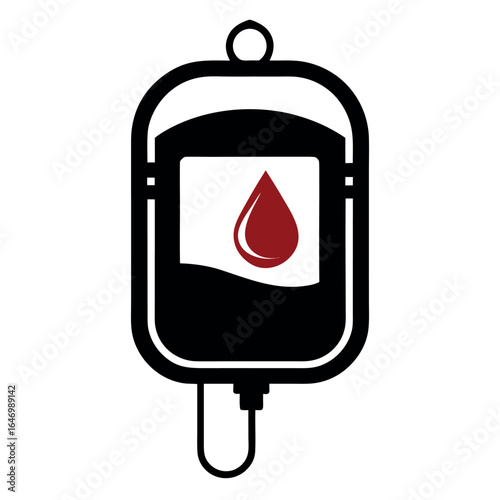 Illustration of a blood bag with a red drop, isolated on white background