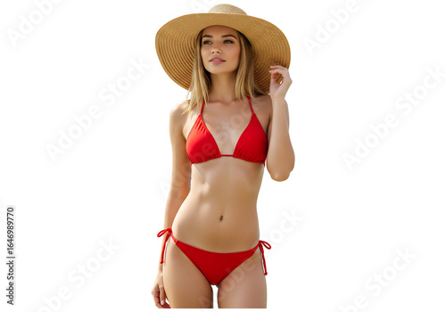 Woman in red bikini and straw hat posing in studio for summer fashion and tropical vacation concept