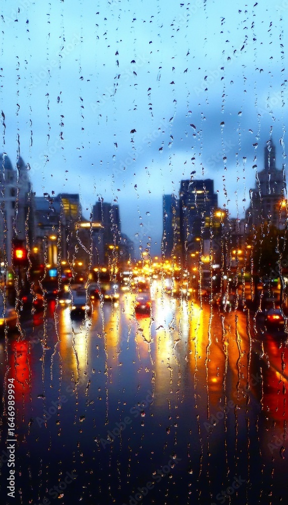 Fototapeta premium Stunning Blurred Nighttime Cityscape with Raindrops Creating a Dramatic Urban Light Display
