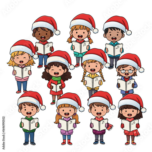 Kids singing Christmas carols in Santa hats