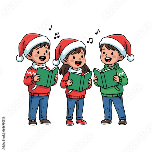 Kids singing Christmas carols in Santa hats
