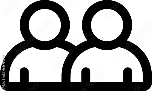 A simple black and white icon depicting two stylized figures standing side by side with rounded heads and bodies