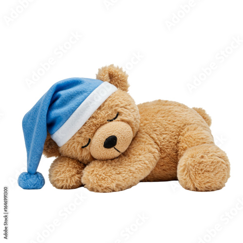 A soft, brown teddy bear wearing a blue sleeping hat rests peacefully. The bear has a round face and closed eyes, conveying a sense of calm and comfort.