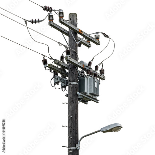 electric pole with power lines, high detail utility infrastructure, realistic metal texture and insulator components isolated on transparent background PNG