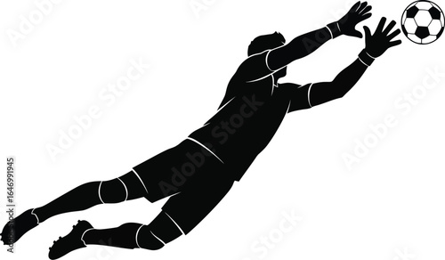 A black vector illustration of a soccer goalkeeper diving to save a ball, suitable for sports-themed designs