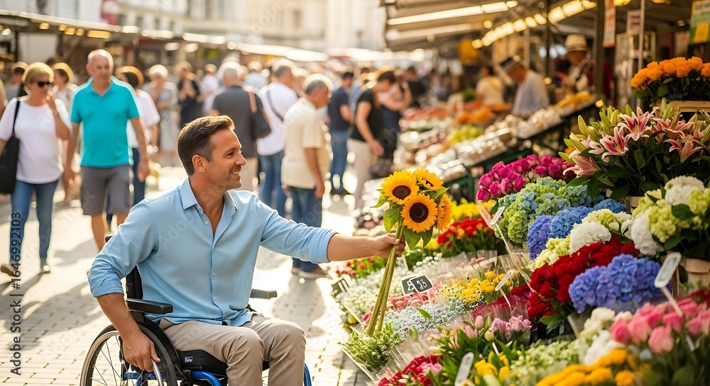 Naklejka premium Man in wheelchair smiles, selecting sunflowers at a vibrant outdoor flower market.