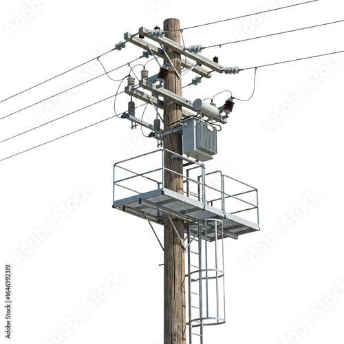 electric pole with power lines, high detail utility infrastructure, realistic metal texture and insulator components isolated on transparent background PNG