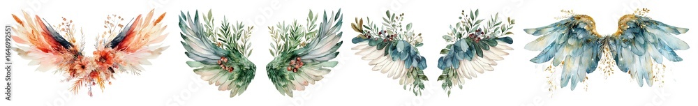 Fototapeta premium Four decorative watercolor angel wings featuring floral and foliage elements isolate
