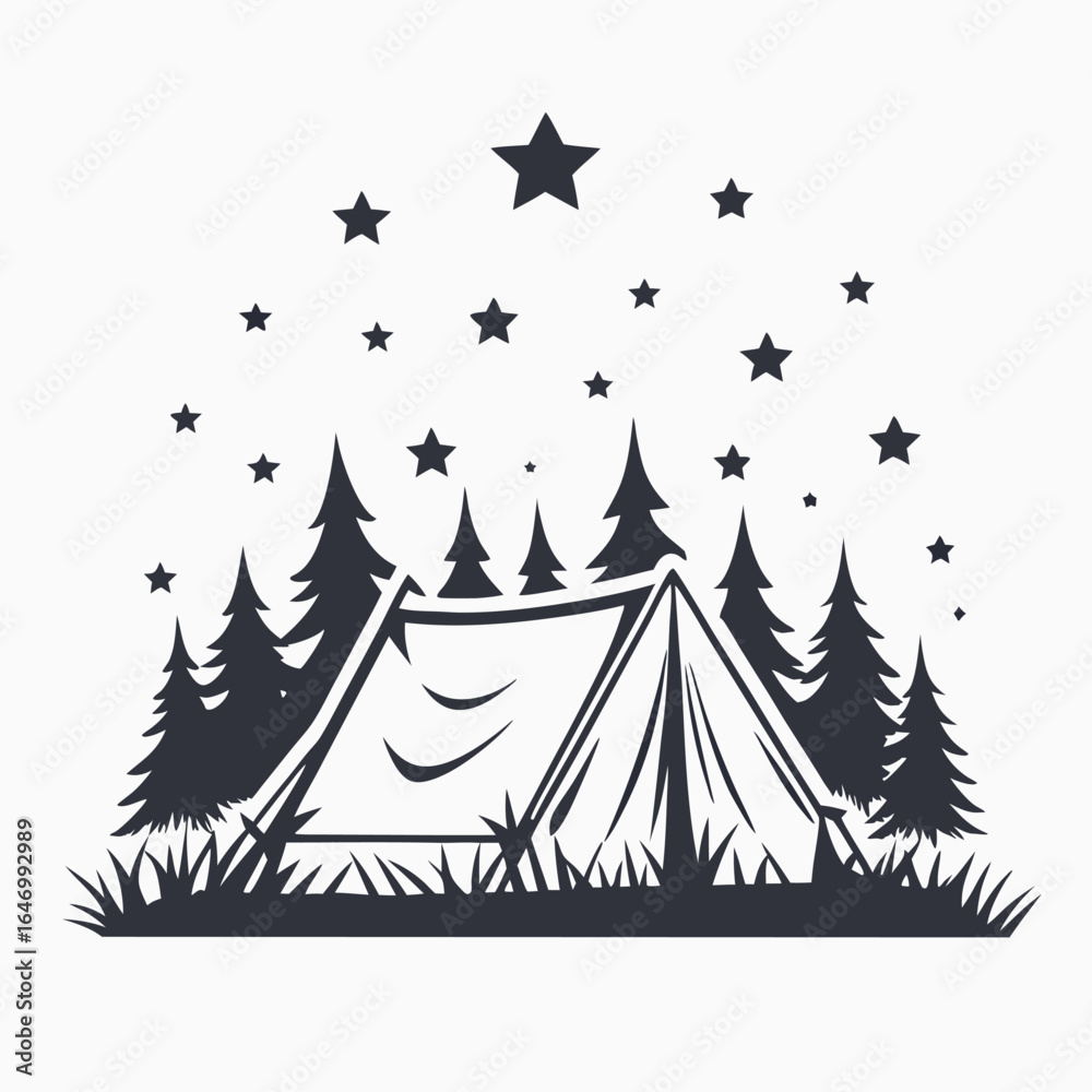 Obraz premium Night camping with tent, trees, and stars icon on white background