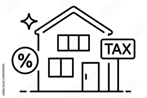 Outline drawing of a house with a percentage sign and a tax sign in a simple black and white style