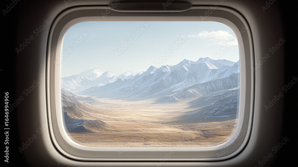Fototapeta premium Aerial view from airplane window, overlooking majestic snow-capped mountains and a vast valley under a clear blue sky.