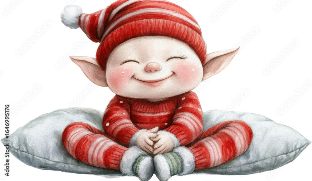 Smiling elf in striped sweater and hat sits on pillow isolate Christmas Smiling elf in striped sweater and hat sits on pillow isolate Christmas