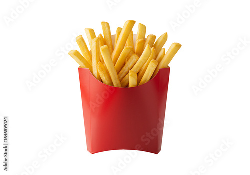 Golden french fries in red container isolated on transparent background
