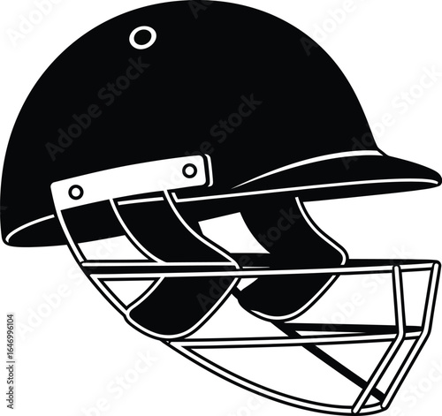 A black illustration of a cricket helmet, representing the protective gear worn by players during the sport