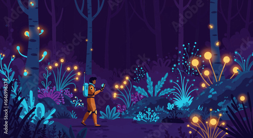 Foto Astronaut Exploring Bioluminescent Forest at Night