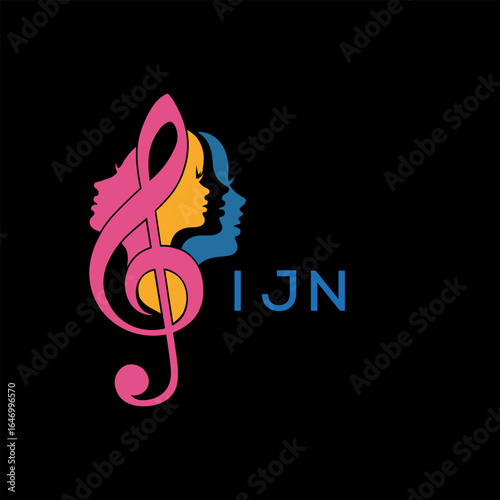 Fotografía IJN Colorful Female Silhouettes with Treble Clef Music Symbol on Black Backgrou