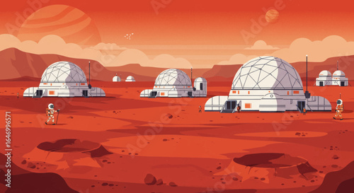 Astronauts explore Mars colony with domed habitats