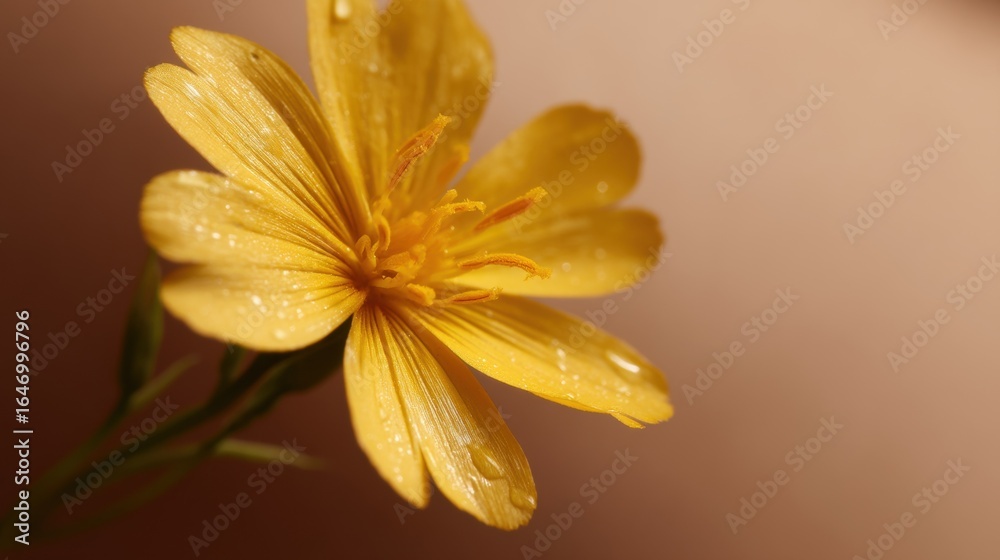 Obraz premium Close-up of a single yellow flower with water droplets on its petals. the flower is in focus, while the background is blurred, making the flower the focal point of the image.