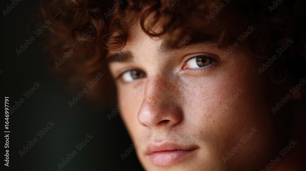 Close-up portrait of a young man's face. he has curly brown hair and blue eyes. his expression is serious and he is looking directly at the camera. Close-up portrait of a young man's face. he has curly brown hair and blue eyes. his expression is serious and he is looking directly at the camera.